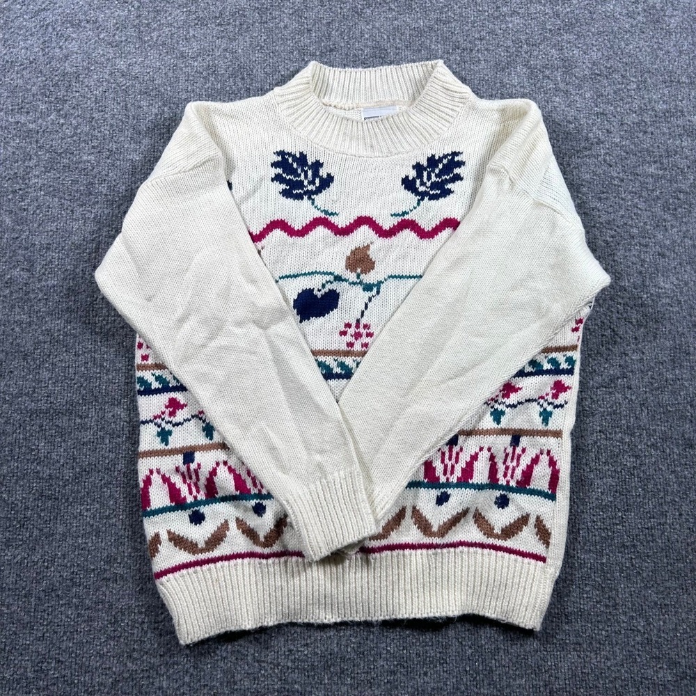 Seasons Sweater Womens Size Medium Cream Knit Leaf Pattern USA Vintage Crewneck